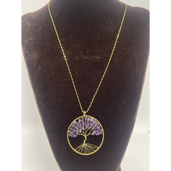 Tree Of Life Gold Tone Amethyst Pendant  Necklace & Matching Earrings New - Picture 2 of 9
